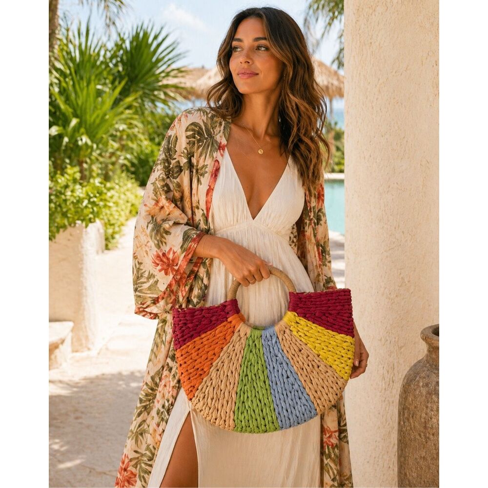 Rainbow Boho Straw Tote Bag Colorblock Resort Beach Vacation Top Handle Handbag - Picture 10 of 10